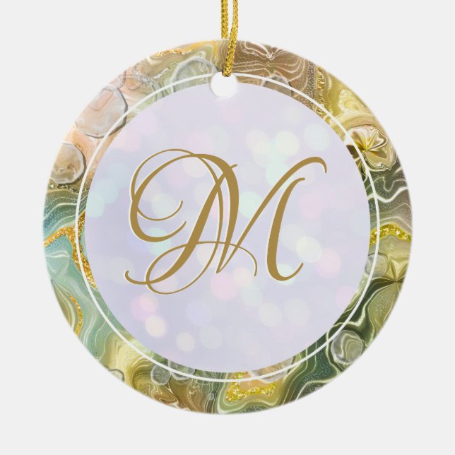 Elegant Monogram Initial Abstract Gold Marble Ceramic Tree Decoration (Front)
