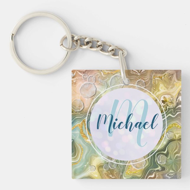 Elegant Monogram Initial Abstract Gold Marble Key Ring (Front)