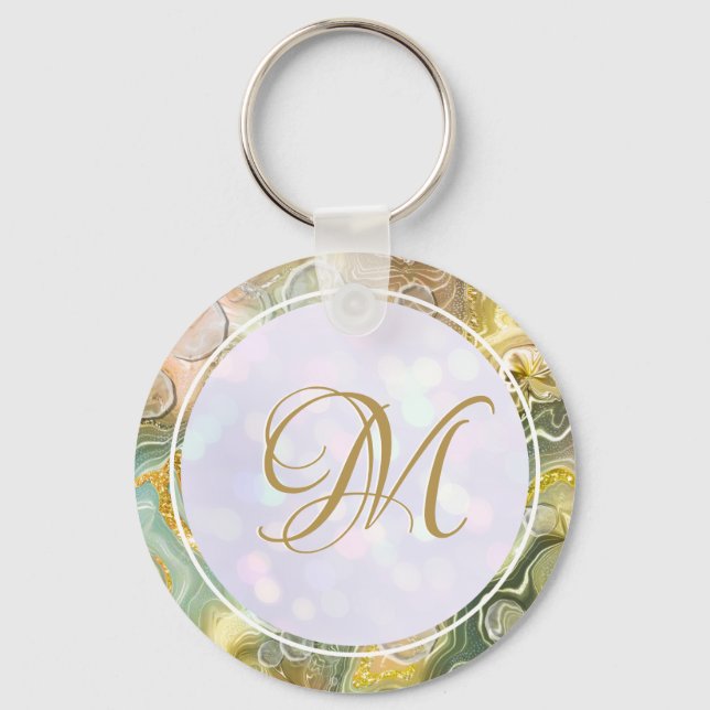 Elegant Monogram Initial Abstract Gold Marble Key Ring (Front)