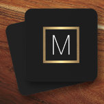 Elegant monogram initial black golden gradient coaster<br><div class="desc">Coasters featuring your monogram initial inside a printed golden gradient (printed image,  not real foil) square border on a black background.</div>