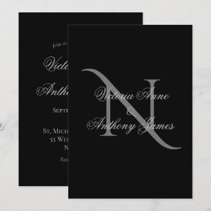 Elegant Monogram Initial Black Wedding Invitation
