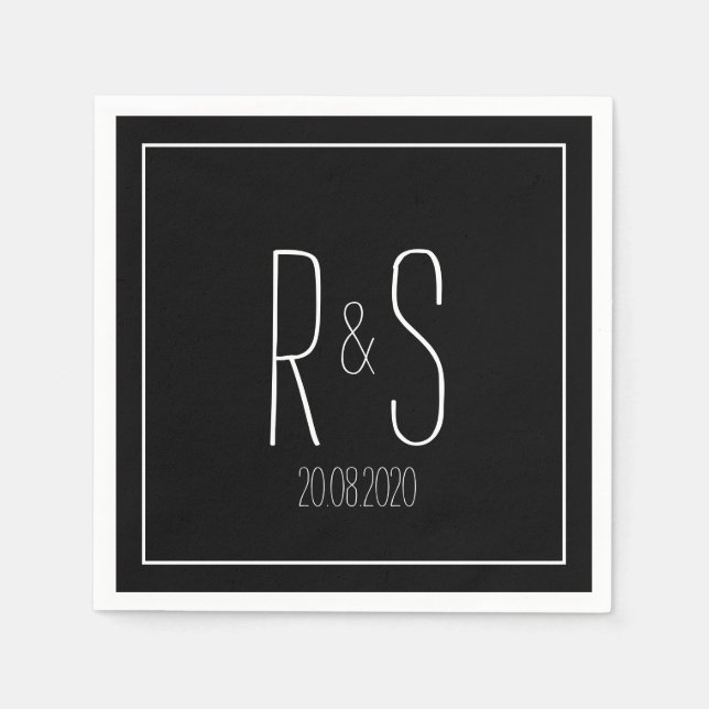 Elegant Monogram Initial Black white Wedding Party Napkin (Front)