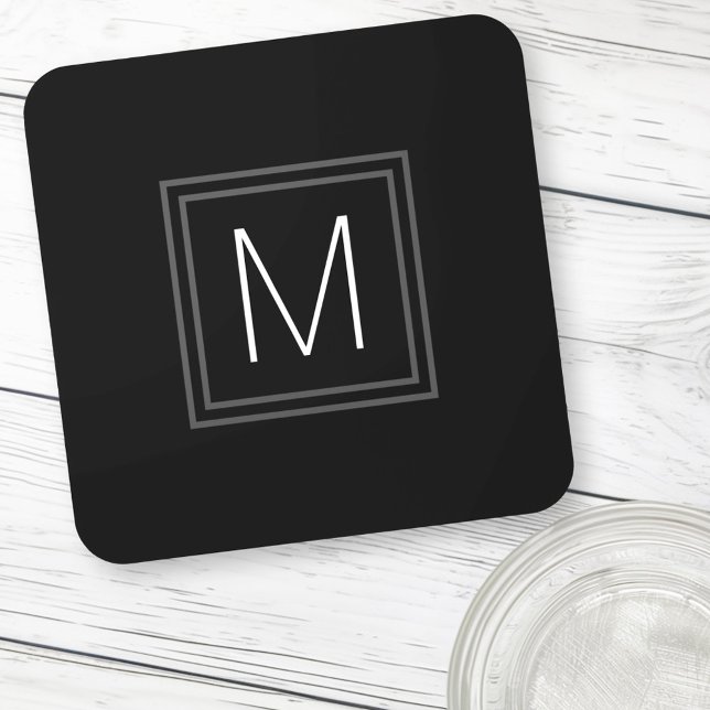 Elegant monogram initial double gray border black  coaster (Elegant monogram initial double gray border black beverage coaster)