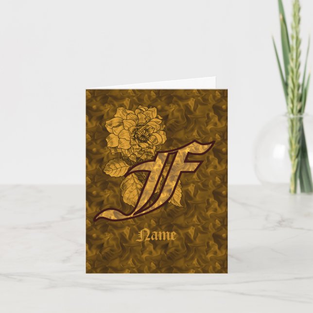 Elegant Monogram Initial F Gold Peony Personalised Note Card (Front)