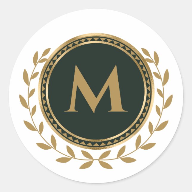 Elegant Monogram Initial Faux gold Green Classic Round Sticker (Front)