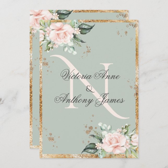 Elegant Monogram Initial Floral Sage Gold Wedding Invitation (Front/Back)