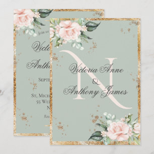 Elegant Monogram Initial Floral Sage Gold Wedding Invitation
