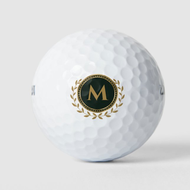 Elegant Monogram Initial Gold Green Golf Balls (Front)