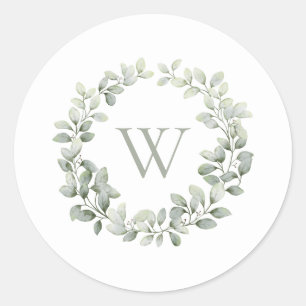 Elegant Monogram Initial Greenery Sage Foliage Classic Round Sticker