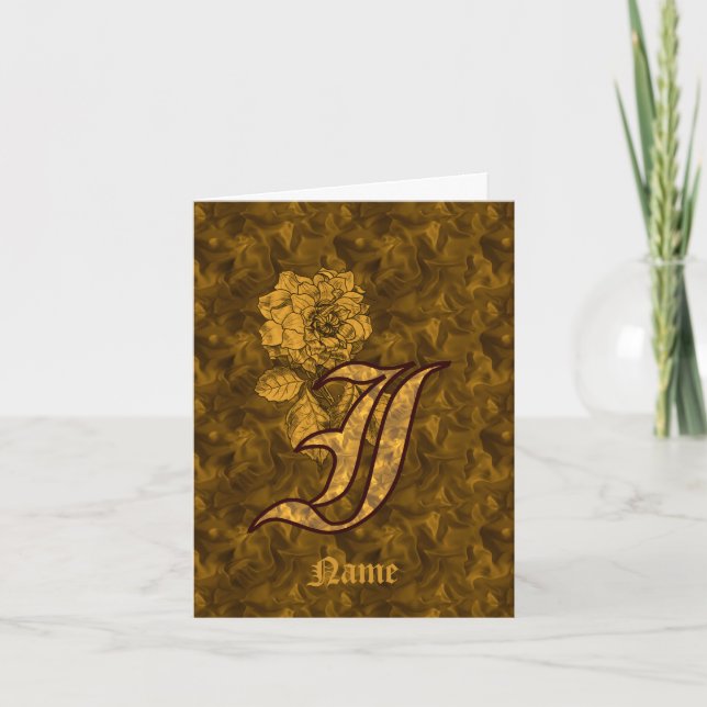 Elegant Monogram Initial I Gold Peony Personalised Note Card (Front)