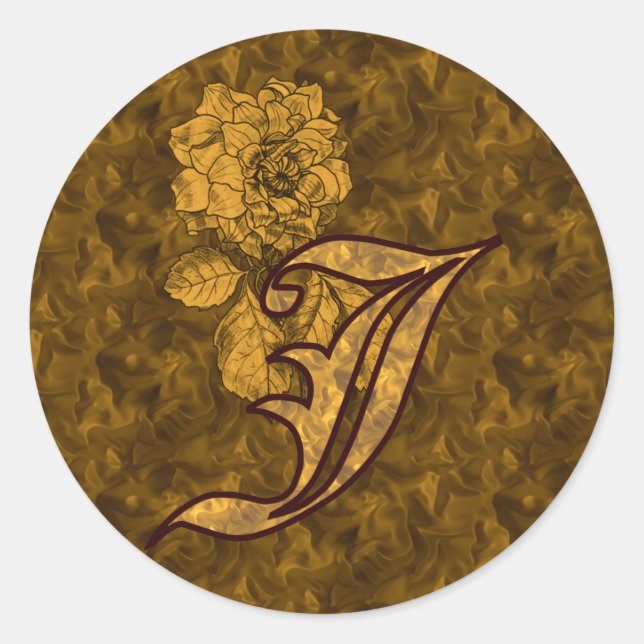 Elegant Monogram Initial J Gold Peony Flower Classic Round Sticker (Front)
