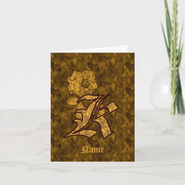 Elegant Monogram Initial K Gold Peony Personalised Note Card (Front)