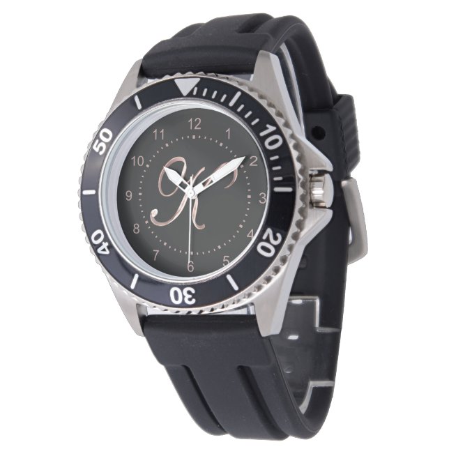 Elegant Monogram Initial Letter K Black Rose Gold Watch (Angled)