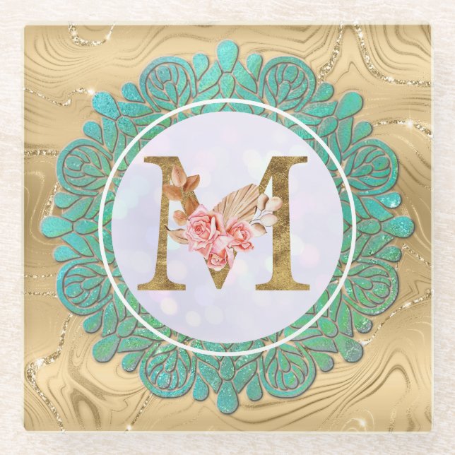 Elegant Monogram Initial Letters with Mandala Glass Coaster (Front)