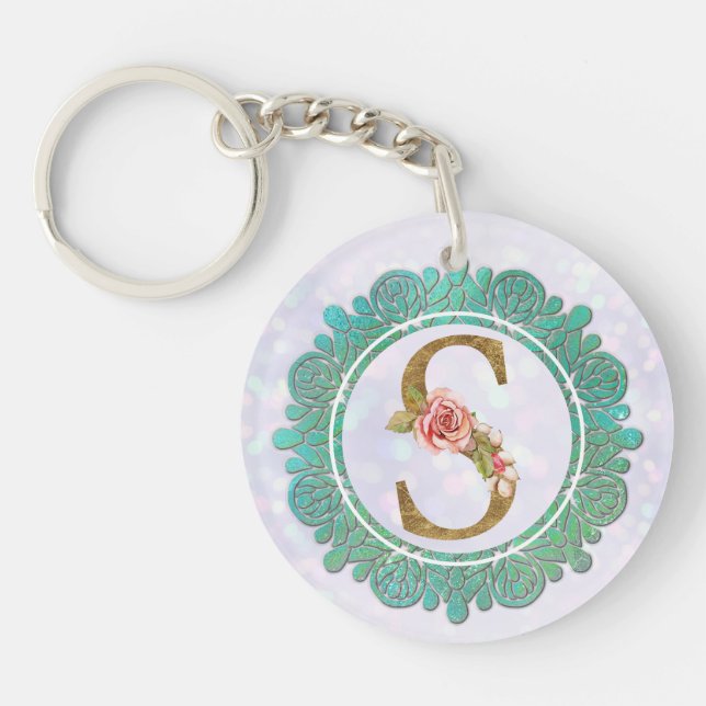 Elegant Monogram Initial Letters with Mandala Key Ring (Front)