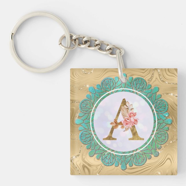 Elegant Monogram Initial Letters with Mandala Key Ring (Front)