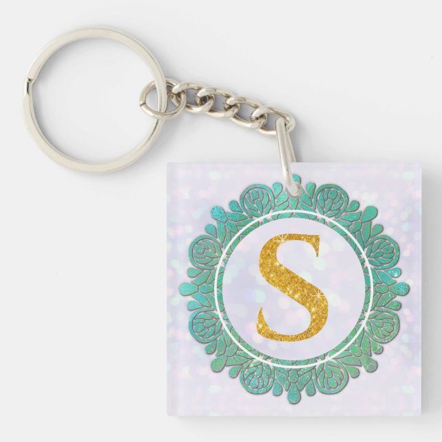 Elegant Monogram Initial Letters with Mandala Key Ring (Front)