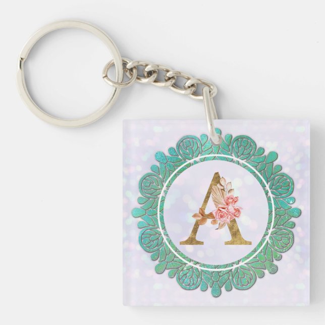 Elegant Monogram Initial Letters with Mandala Key Ring (Front)