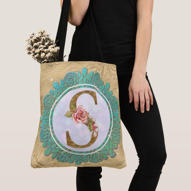 Elegant Monogram Initial Letters with Mandala Tote Bag (Close Up)
