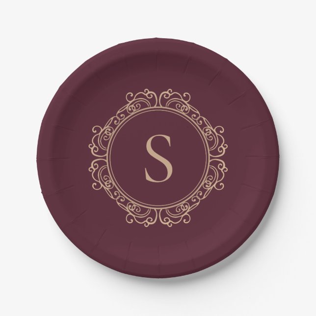 Elegant Monogram Initial Modern Classic Burgundy Paper Plate (Front)