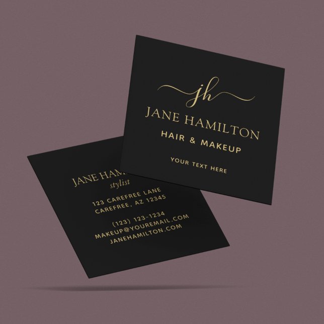 Elegant Monogram Initial Name Black Gold Square Business Card (Creator Uploaded)