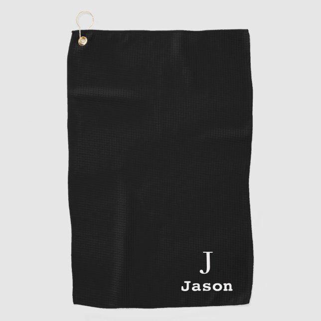Elegant Monogram Initial Name Personalised Black Golf Towel (Front)