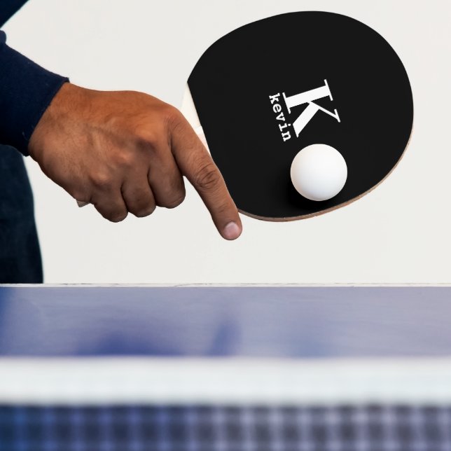 Elegant monogram initial name personalised black ping pong paddle (Insitu)