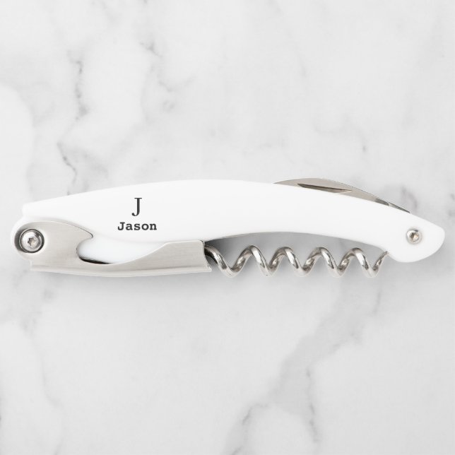 Elegant Monogram Initial Name Personalised White Corkscrew (Front)