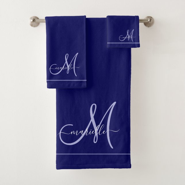 Elegant Monogram Initial Navy Blue Bath Towel Set (Insitu)