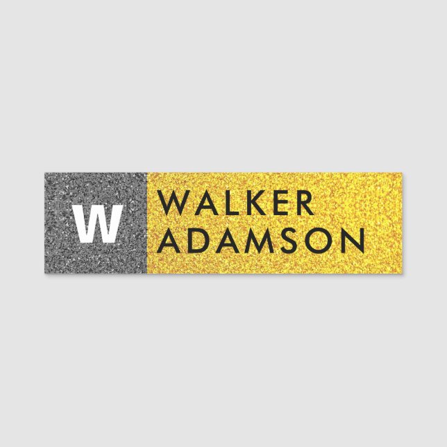 Elegant Monogram Initial, Professional Black Gold Name Tag (Front)