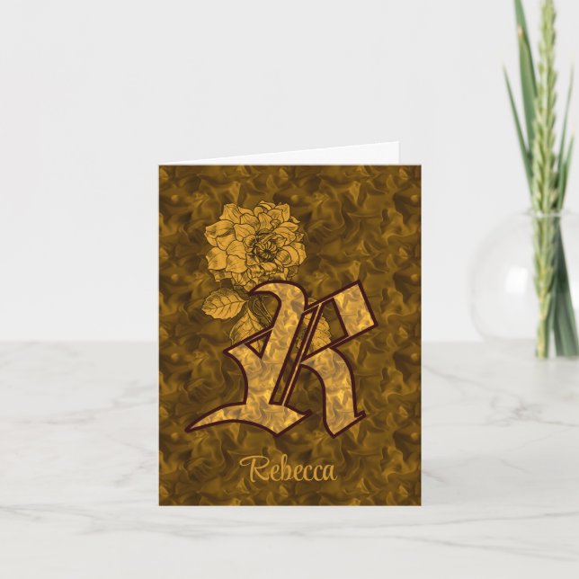 Elegant Monogram Initial R Gold Peony Personalized Note Card (Front)