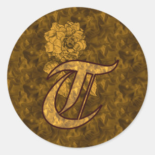 Elegant Monogram Initial T Gold Peony Floral Classic Round Sticker