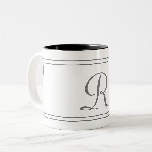 Elegant Monogram Initial White  Striped Two-Tone Coffee Mug (Front Left)