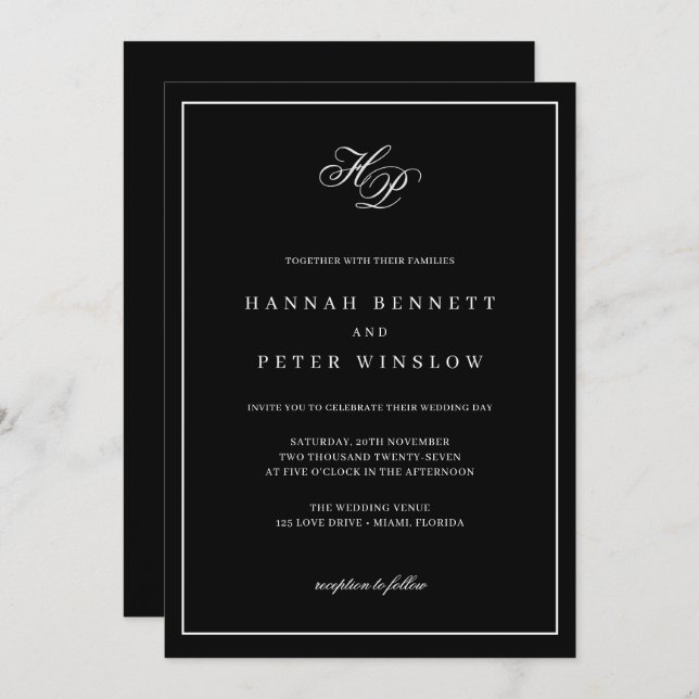 Elegant Monogram Initials Black Frame Wedding Invitation (Front/Back)