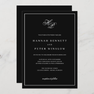 Elegant Monogram Initials Black Frame Wedding Invitation