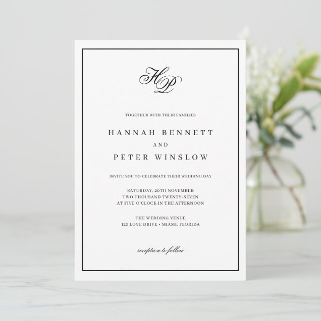 Elegant Monogram Initials Black Frame Wedding Invitation (Standing Front)
