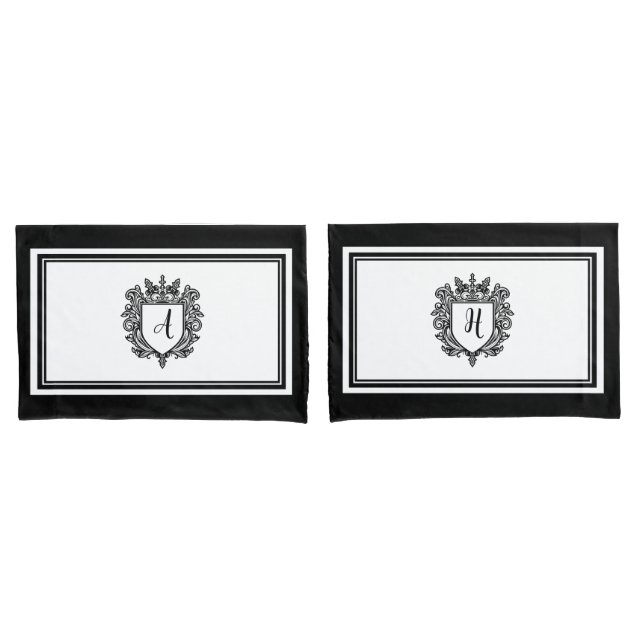 Elegant Monogram Initials Crest Black on White Pillowcase (Front-Set)