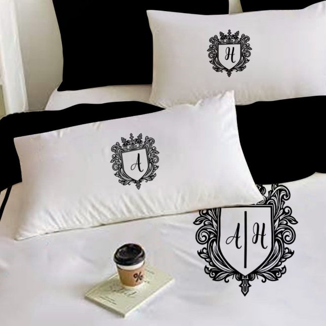 Elegant Monogram Initials Crest Black on White Pillowcase (Creator Uploaded)
