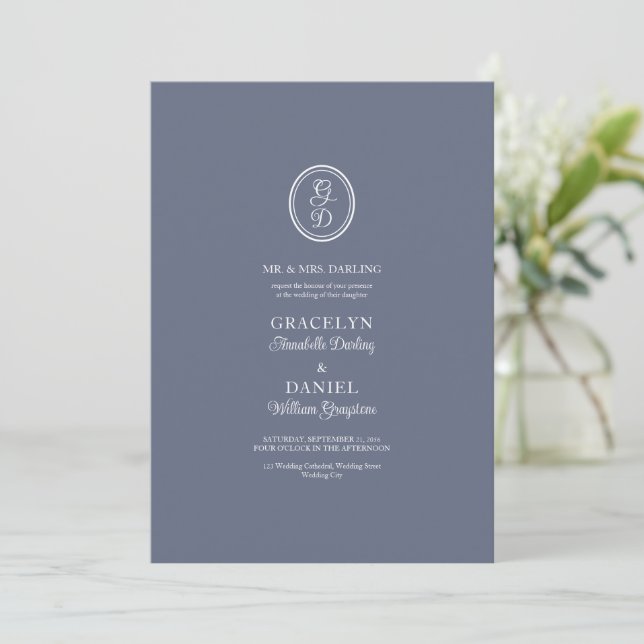Elegant Monogram Initials Dark Dusty Blue White Invitation (Standing Front)