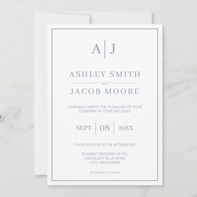 Elegant Monogram Initials Dusty Blue Wedding Invitation (Front)