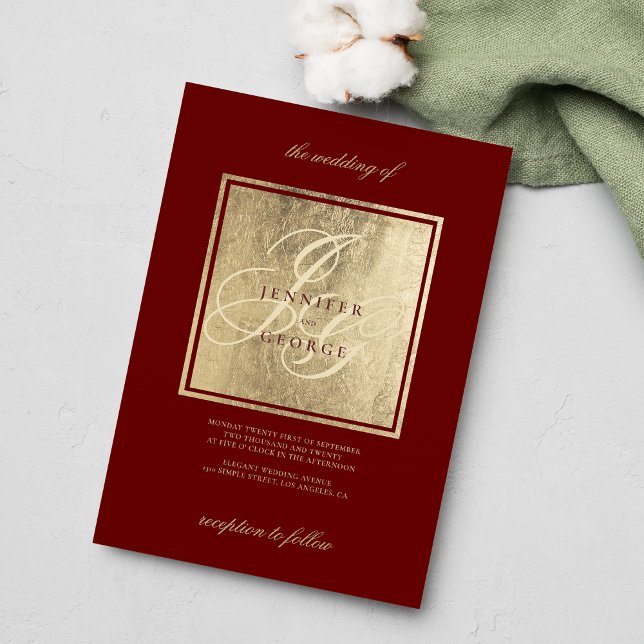 Elegant monogram initials gold burgundy wedding invitation (Elegant monogram initials gold burgundy wedding)