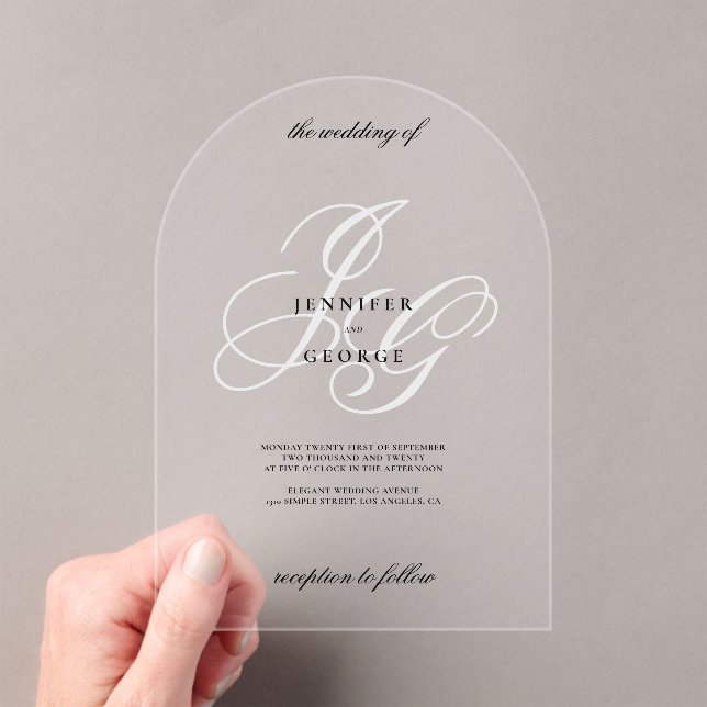 Elegant monogram initials white romantic wedding acrylic invitations (Insitu (Handheld))