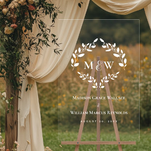 Elegant Monogram Initials Wreath Wedding Crest Acrylic Sign
