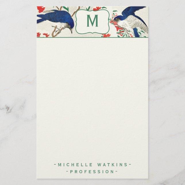 Elegant Monogram Japanese Woodblock Bird Stationery (Front)
