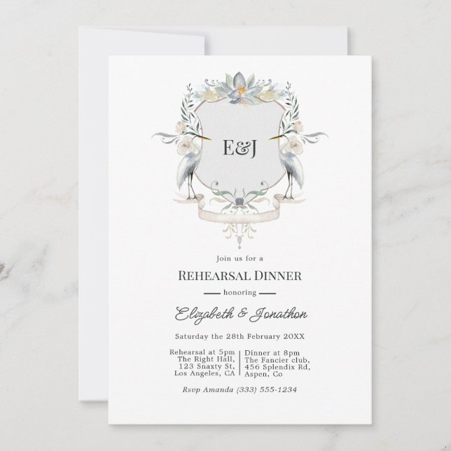 Elegant Monogram Lake Wedding Rehearsal Dinner Invitation (Front)