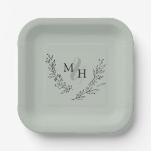 Elegant Monogram Laurel Wreath Sage Wedding Paper Plate