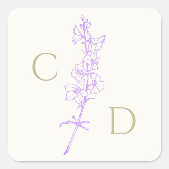 Elegant Monogram  Lavender Larkspur Floral  Square Sticker (Front)