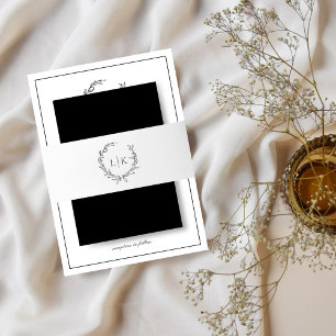 Elegant Monogram Leaf Crest Black White Wedding Invitation Belly Band