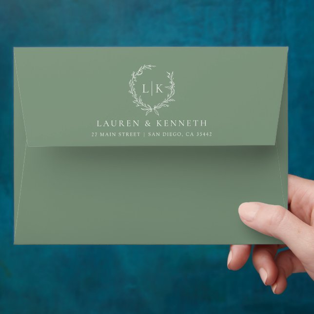 Elegant Monogram Leaf Crest Sage Green Wedding Envelope (Hand)
