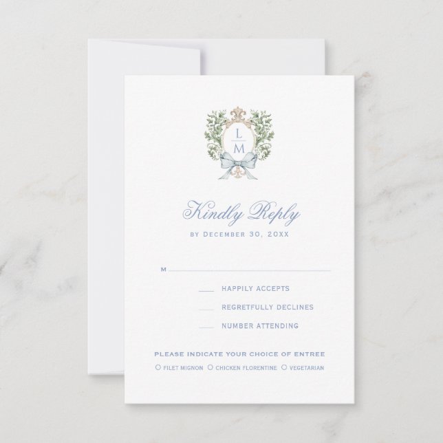 Elegant Monogram Leaf Crest w/ Bow RSVP Card (Front)